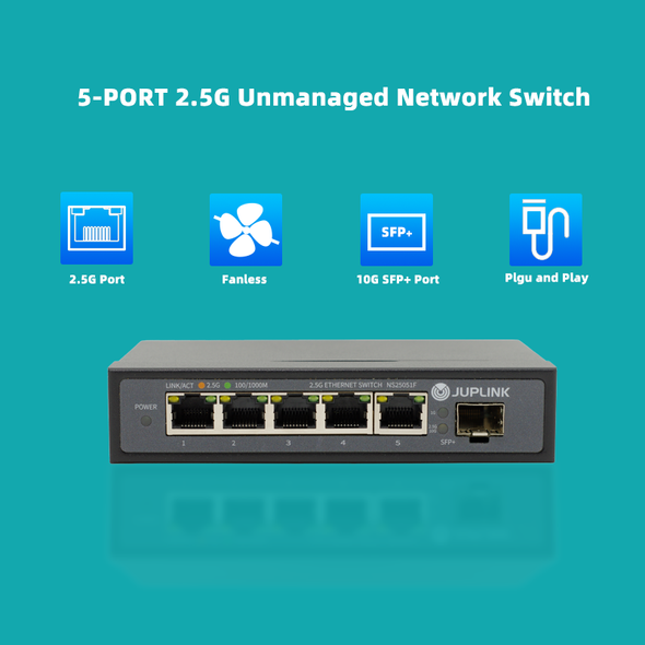 5 Port 2.5G Ethernet Switch with 10G SFP, 5 x 2.5G Base-T Ports, Plug & Play, Fanless Metal 2.5GbE Unmanaged Network Switch