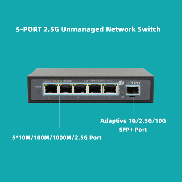 5 Port 2.5G Ethernet Switch with 10G SFP, 5 x 2.5G Base-T Ports, Plug & Play, Fanless Metal 2.5GbE Unmanaged Network Switch