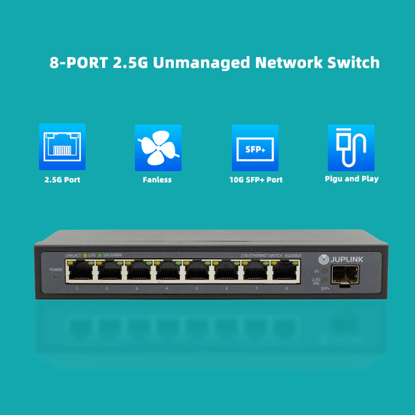 8 Port 2.5G Ethernet Switch with 10G SFP, 5 x 2.5G Base-T Ports, Plug & Play, Fanless Metal 2.5GbE Unmanaged Network Switch